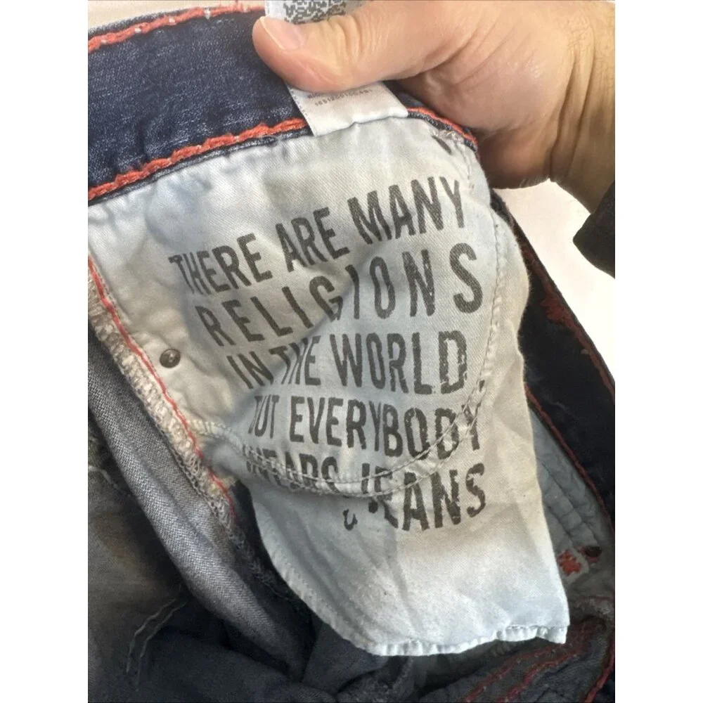 True Religion Ricky Relaxed Straight Jeans 38x32 Made USA Distressed Flap‎